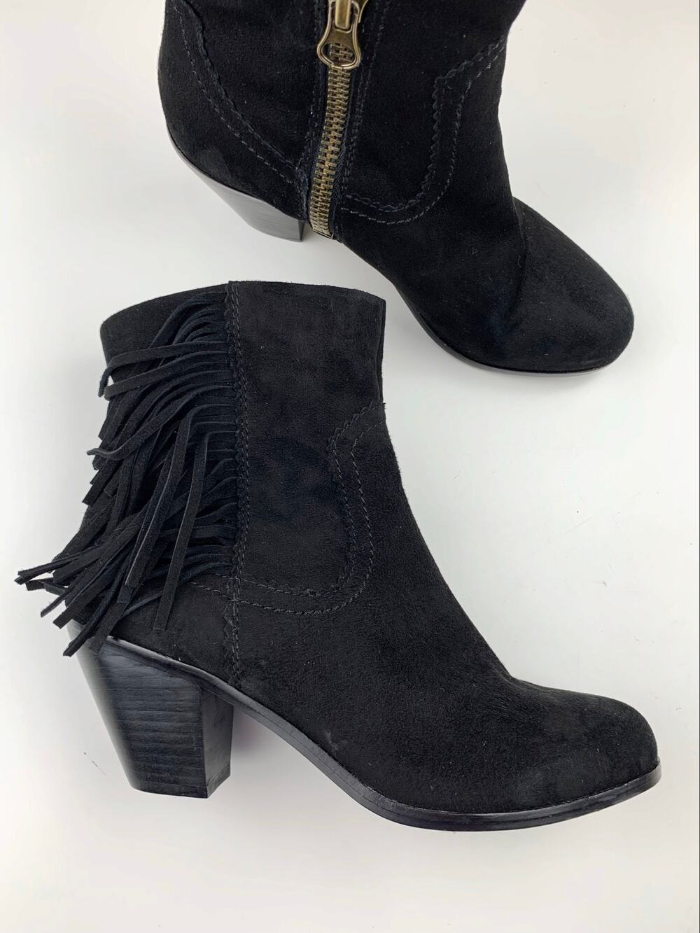 Sam Edelman Louie Western Fringe Heeled Ankle Boots Black Suede Women's 8